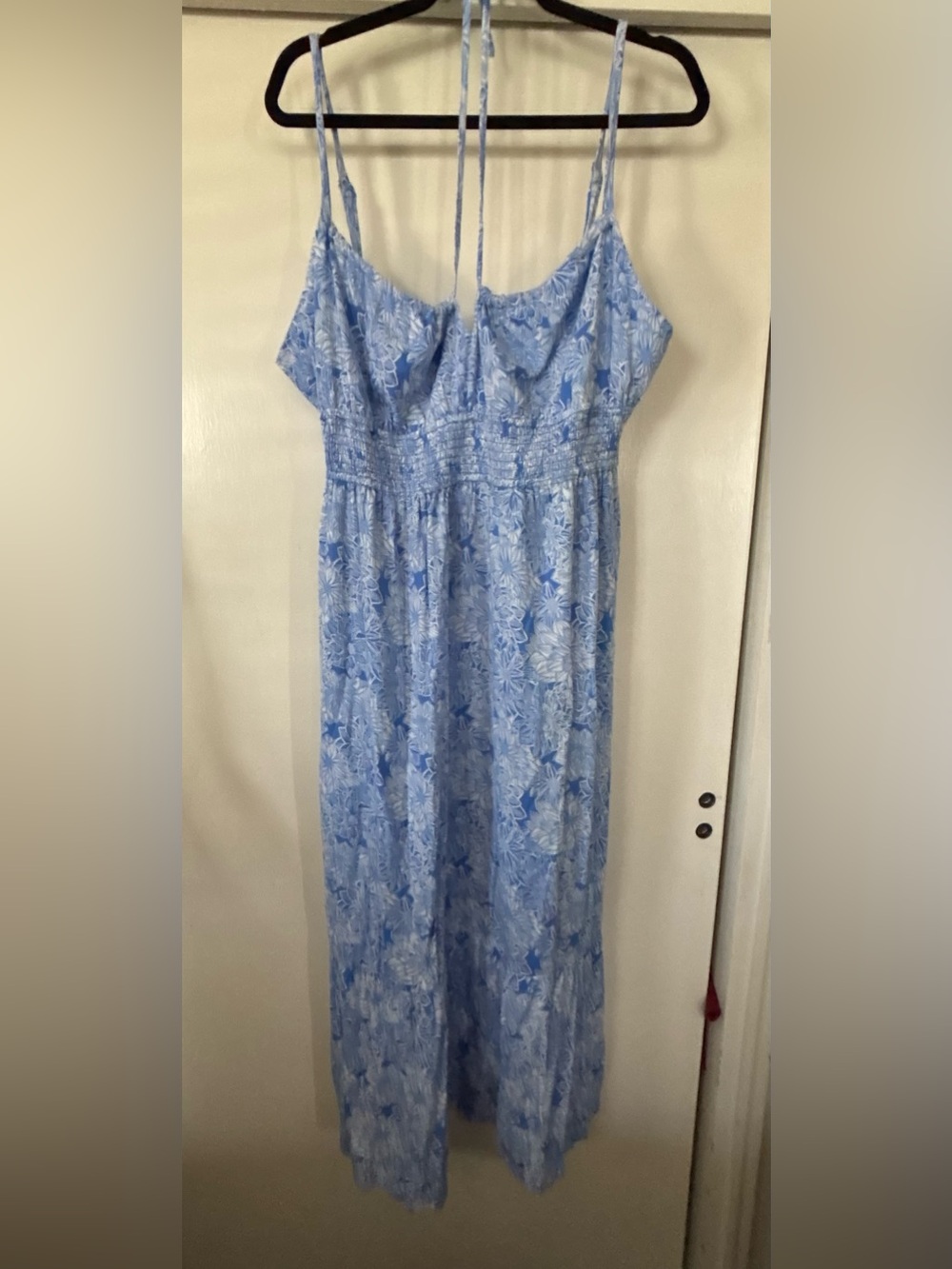 Light Blue Floral Maxi Dress with Spaghetti Straps Tie Back Womens L-3XL